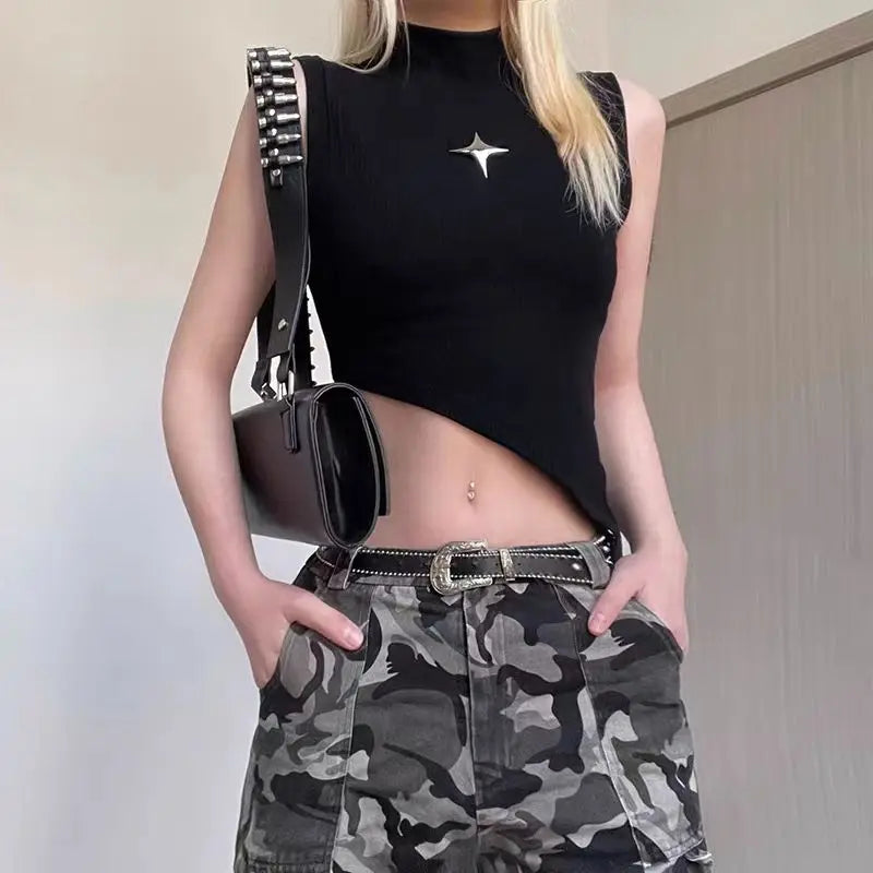 Y2K Crop Knit Top e-girl Women Sleeveless Asymmetrical Hem High Neck Stretchy Fitted Sweater Vest Summer 90s Outfit