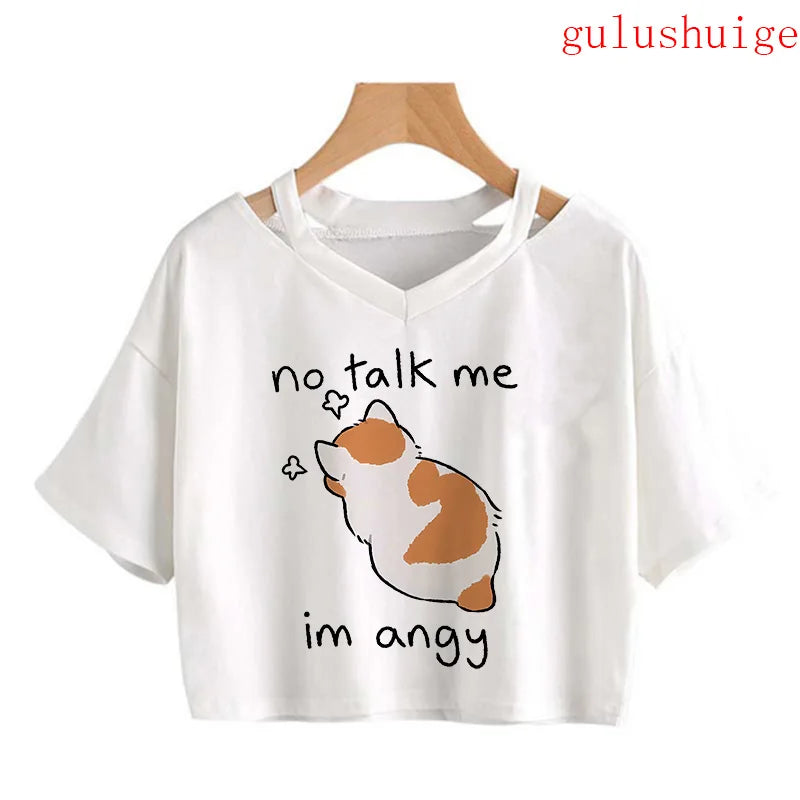 Y2k Crop Top Funny Cute Cat T Shirt Women Shirt Cropped Harajuku Graphic Ulzzang T-shirt 90s Tshirt Top Tee Female Gothic
