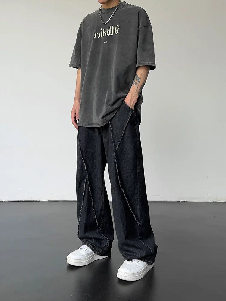 2025 Men HipHop Distressed Jeans Pants Men Ripped Patchwork Denim Pants Male Oversized Loose Casual Streetwear Wide Leg Trousers