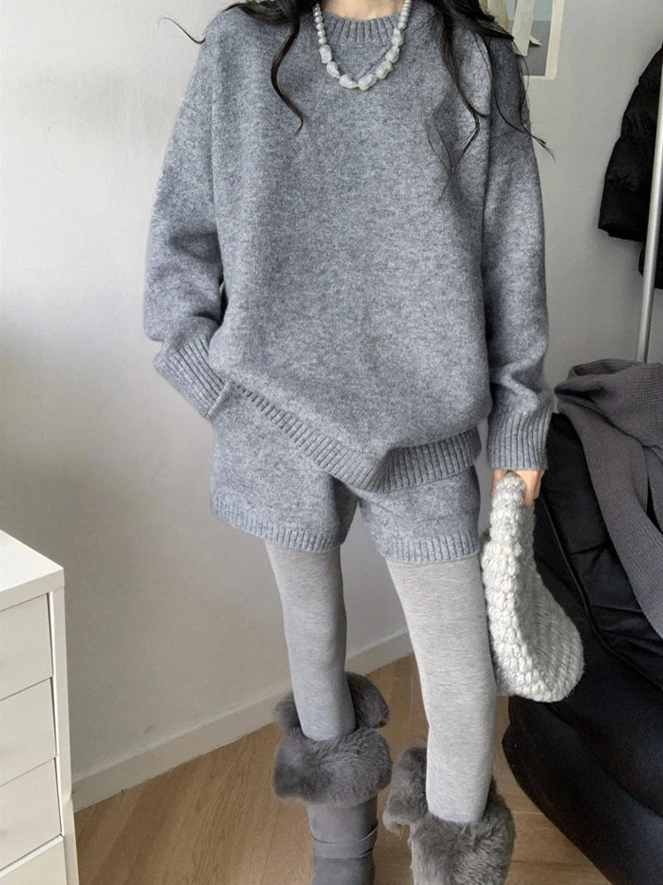 Women Oversized Grey Knit Co-ord Set Autumn Winter Soft Loungewear Minimalist Relaxed Fit Sweater & Shorts 2PCS Outfit Suit