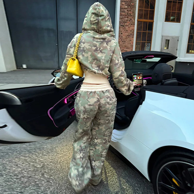 Women 2 Piece Sets Hooded Coat Straight Pants Camouflage Outfits Drawstring Zipper Jacket Tracksuit 2025 Streetwear Ensemble