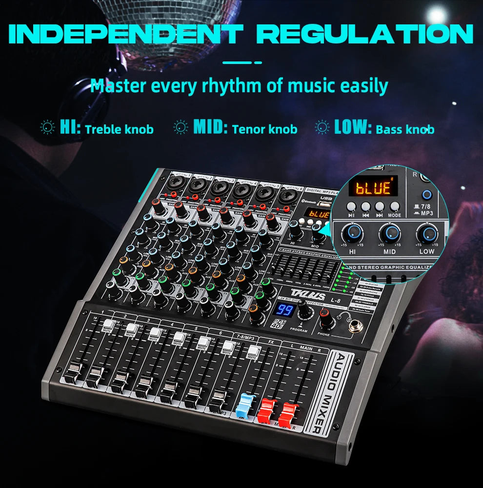 TKLBLS L8 Professional Audio Mixer Bluetooth 99 DSP Effects DJ 8 Channel Mixing Console USB 48V church