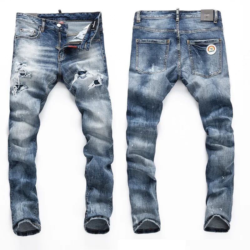 European  Fashion Brand Men Italy Jeans Pants Design Cool Top Jeans Men Slim Jeans Denim Trousers Blue Hole Pants Jeans for Men