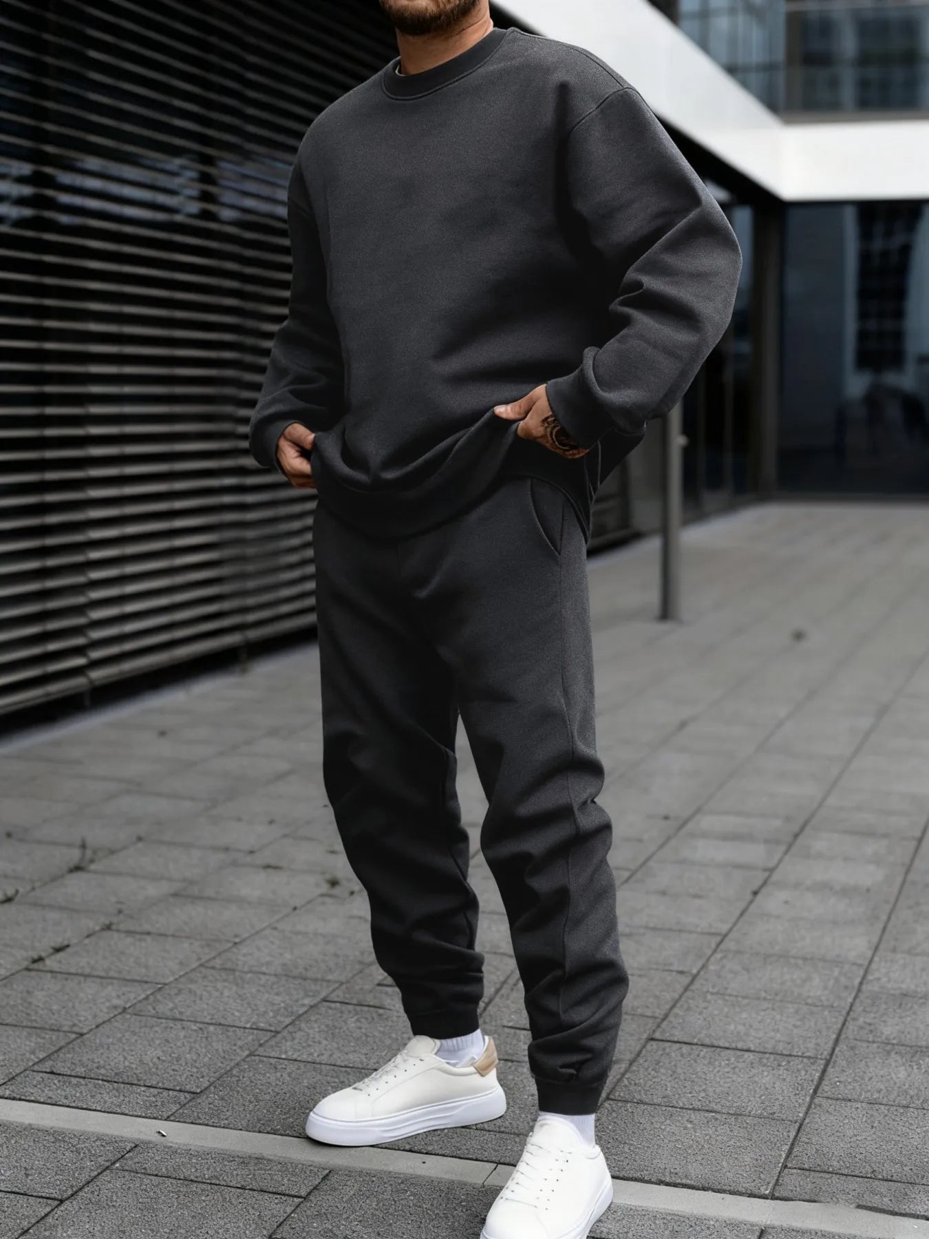 Autumn Man Sweatshirt Set Fleece Casual Solid Color Two-piece set Fashion Crewneck Sweatshirts Street Soft Sweatpants