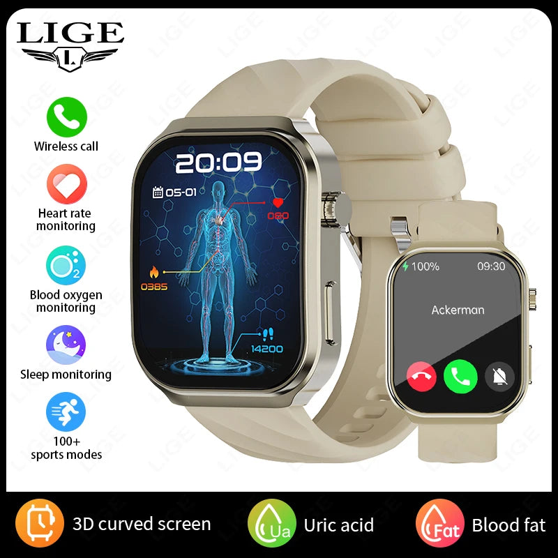 LIGE New AI Healthy Diagnose Smart Watch 2.2" Curved Screen Women Men Blood Lipid Uric Acid Heart Rate Health Tracker Smartwatch