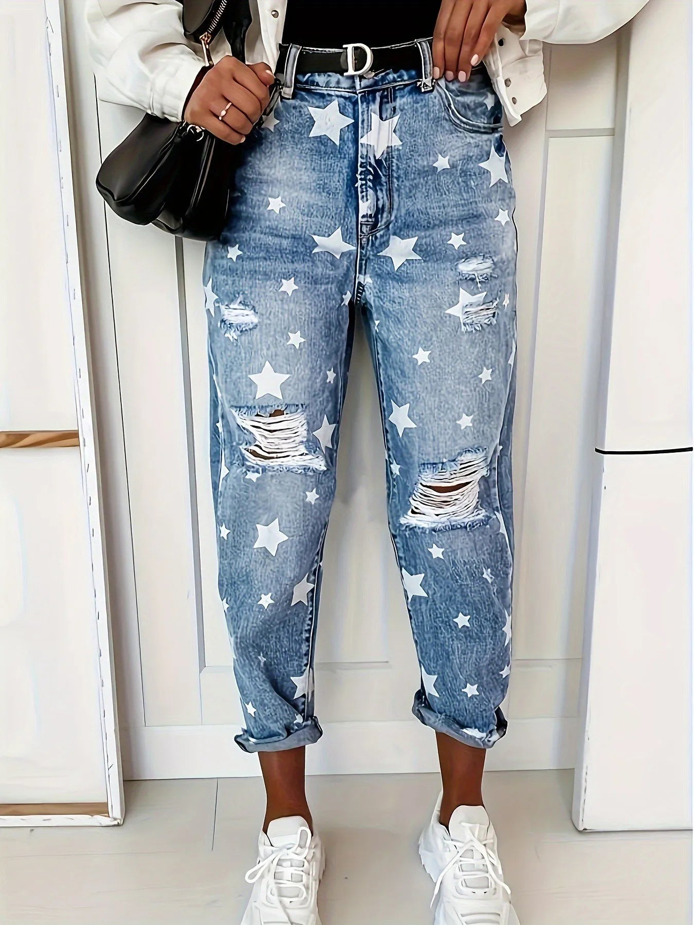 New Boyfriend Jeans Women's Slim Fit Ripped Jeans Fashion Women's Five-pointed Star Ripped Jeans Street Casual Blue Jeans 2025