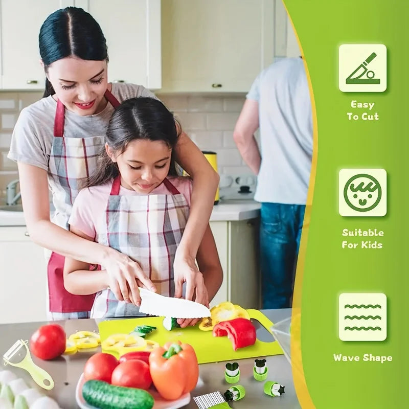 13 pieces Montessori Kitchen Tools Cooking Set - Real Toddler Safe Knives, Crinkle Cutter, Cutting Board - Safe for Real Cooking