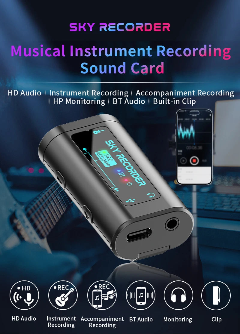 SKY RECORDER Portable Sound Card USB Conversion Interface Plug and Play Use for Guitar Bass Ukulele Guitalele Mini Audio Mixer