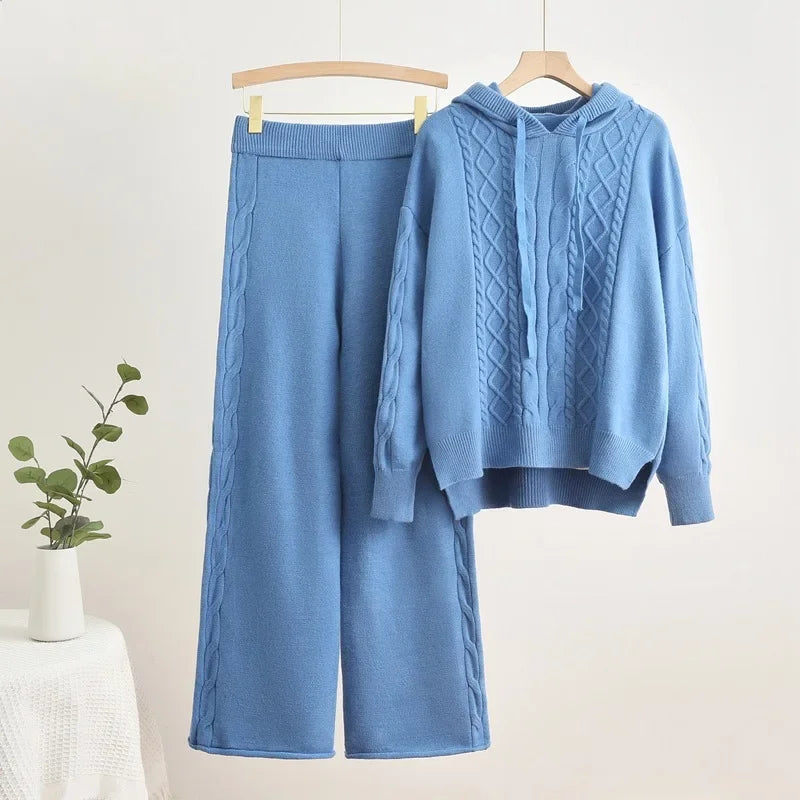High Waist Sweatpants Outfit New Fall Winter Knitted 2 Piece Sets Women Casual Hooded Knitwears Sweater Pullover Tops Conjuntos