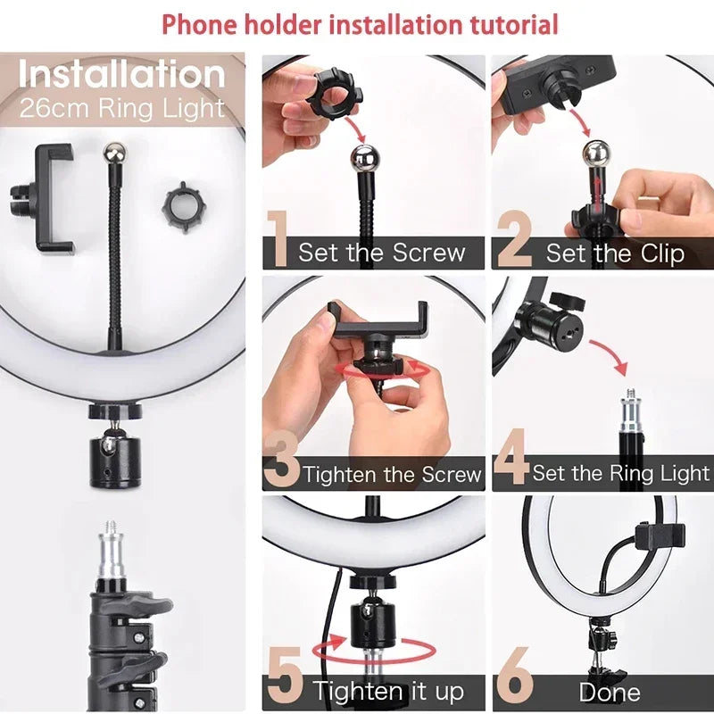 26cm LED Selfie Ring Light Photography Video Light 10 in RingLight Phone Stand Tripod Fill Light Dimmable Lamp Trepied Streaming