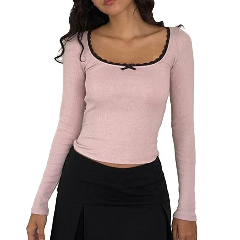 Women Y2k Crop Tops Autumn Spring Long Sleeve Square Neck Ribbed Slim Fitted T-Shirt Aesthetic Fairy Tees Tops Retro Streetwear