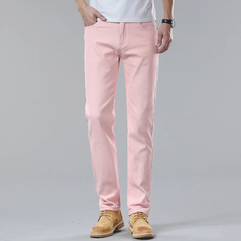New Autumn Men's Yellow Pink Red Slim Jeans Classic Straight Elasticity Denim Pants Male Brand Stretch Skinny Colorful Trousers