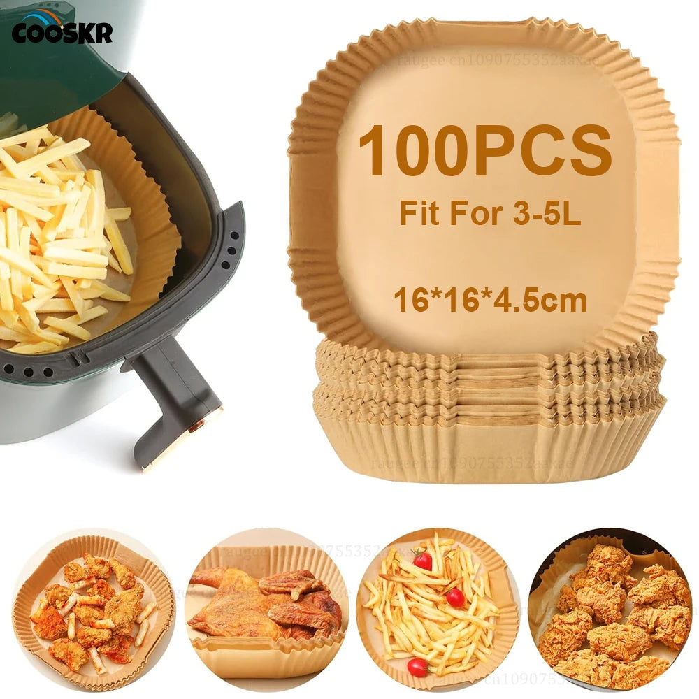 Air Fryer Liners Disposable 100pcs Parchment Paper Square Liners Round Liners Free of Bleach Non-Stick Oil-proof and Waterproof