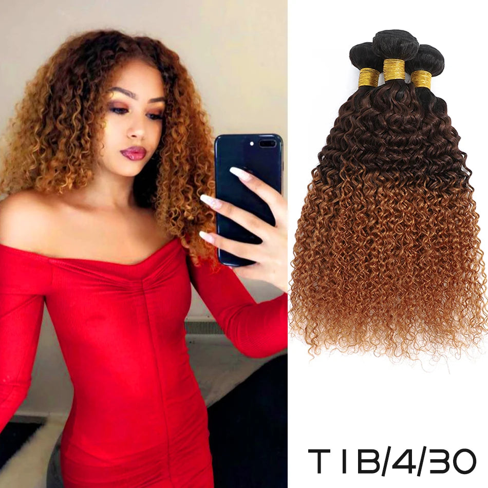 100% Brazilian Virgin Hair Ombre 1B 30 Kinky Curly Hair Bundles 12A Ombre Human Hair 1/3 Bundles Black To Brown Hair Extensions