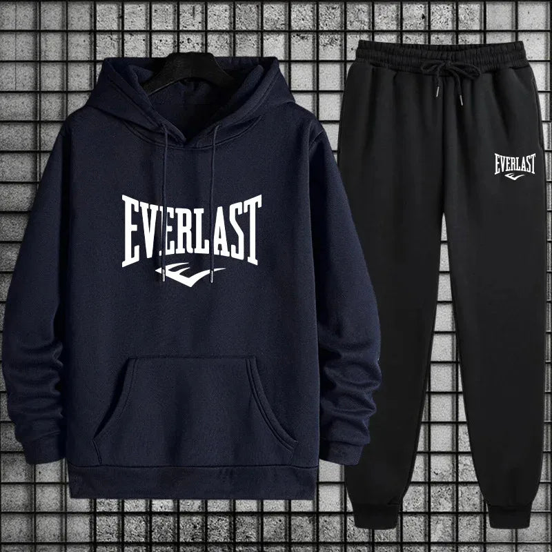 New Everlast Men's Sportswear Hooded Sweatshirt and Black Sweatpants Autumn/Winter Urban Leisure Fashion Warm Sports Set