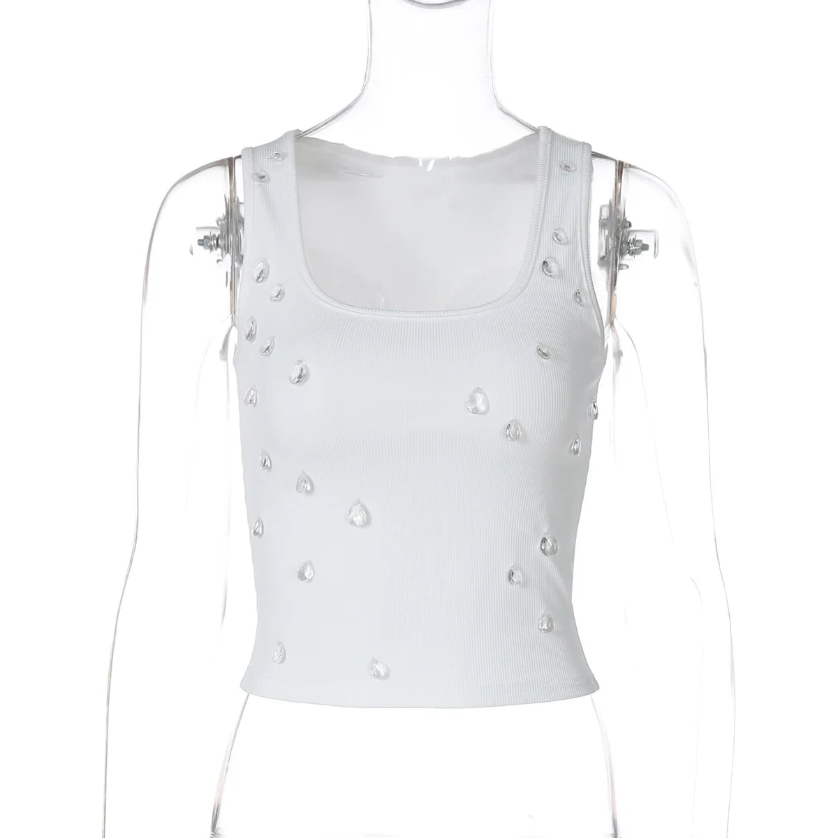 Summer Ribbed Sleeveless Water Droplets Diamond Decorated White Tank Women Sexy Bodycon Crop Tops Y2k Vintage Tops Streetwear