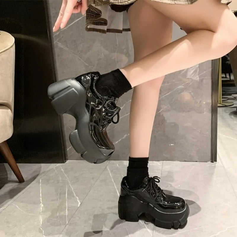 Platform Wedge Sneakers Chunky Shoes PU Leather Women Black Shoes 2025 Spring Autumn Walking Sneakers Fashion Women Tennis Shoes
