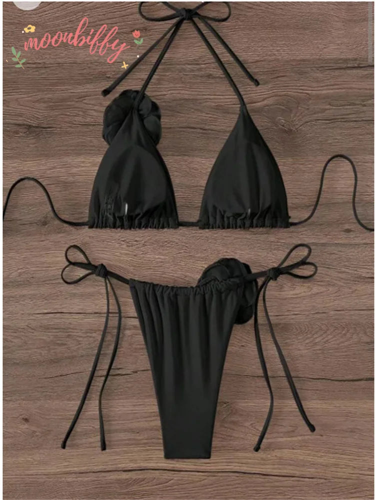 Sexy Bikini Set Women Swimsuit Black White 3D Floral Print Micro Bikinis Brazilian Cutout Beach Bathing Suit Thong Swimwear