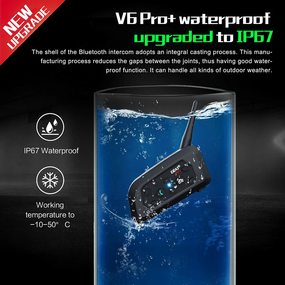 EJEAS V6 PRO+ Motorcycle Bluetooth Helmet Headset Intercom 850mAh MOTO Communicator 800m Interphone for 6 Riders IP65 Waterproof