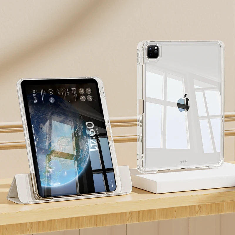 For iPad Pro 11 Case with Pen Slot Acrylic HD Transparent Hard Bottom Soft Side Detachable Cover Pro 12.9 10th 9th Air 11 2026