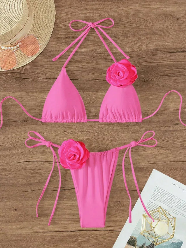 Sexy Bikini Set Women Swimsuit Black White 3D Floral Print Micro Bikinis Brazilian Cutout Beach Bathing Suit Thong Swimwear