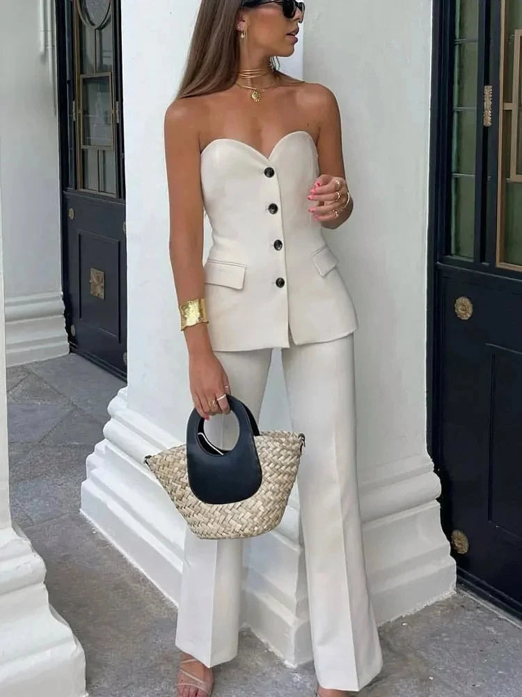 HH Pant Sets For Women Fashion Beige Single Breasted Strapless Slim Tank Top Vest High Waist Straight Pants Office Lady Suit