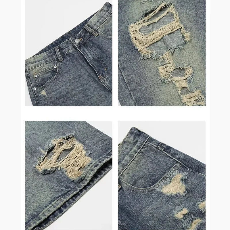 Men Ripped Straight Leg Jeans American Style Trend High Street Loose Bootcut Pants Fashion Male Simplicity Classic Blue Trousers