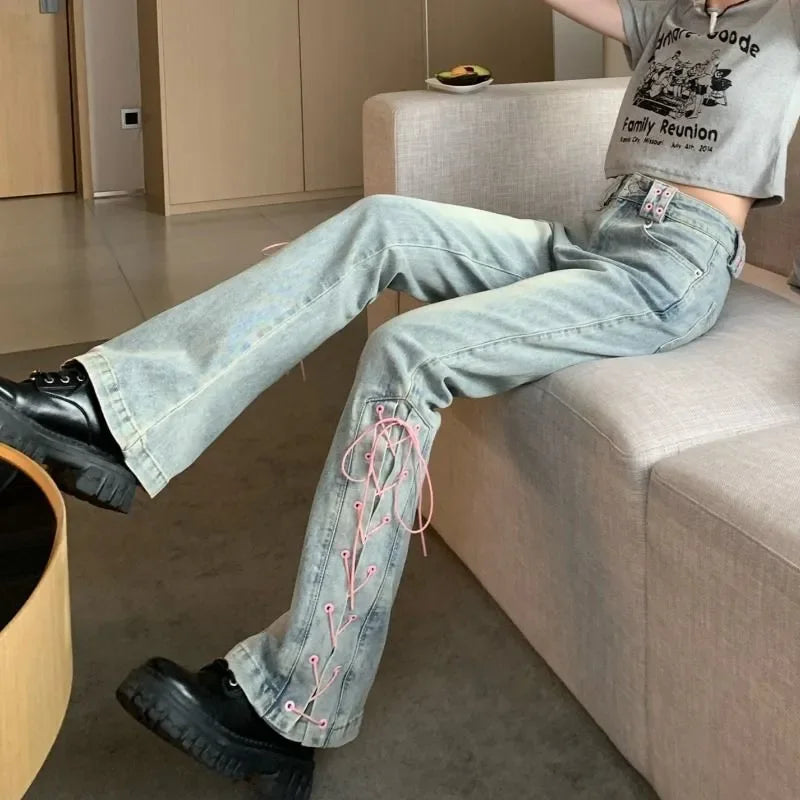 Y2k Pink Fashionable Lace-up Flared Jeans Autumn New High Waist Bootcut Denim Pants Female Clothing Korean Slim Vintage Trousers