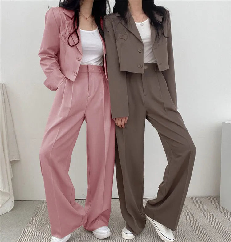 Suit Coat 2 Piece Set Women Blazer Jacket Straight Pants Ensemble Single Breasted Turn Down Collar Trousers Office Lady Outfits