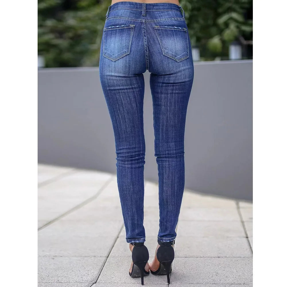 Women Newest Slim Stretch Jeans Solid Color Skinny Pencil Pants Ladies Full Length Denim Jeans