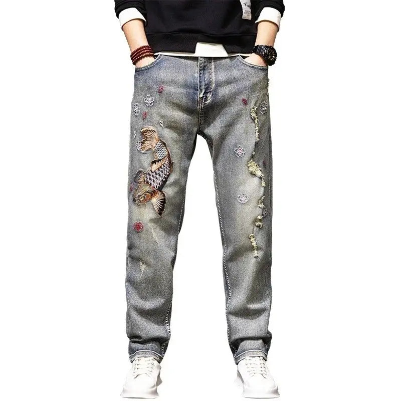 High-End Embroidered Vintage Ripped Denim Jeans Men's Trendy Brand New 2025 Slim Straight Large Size Elastic Long Pants