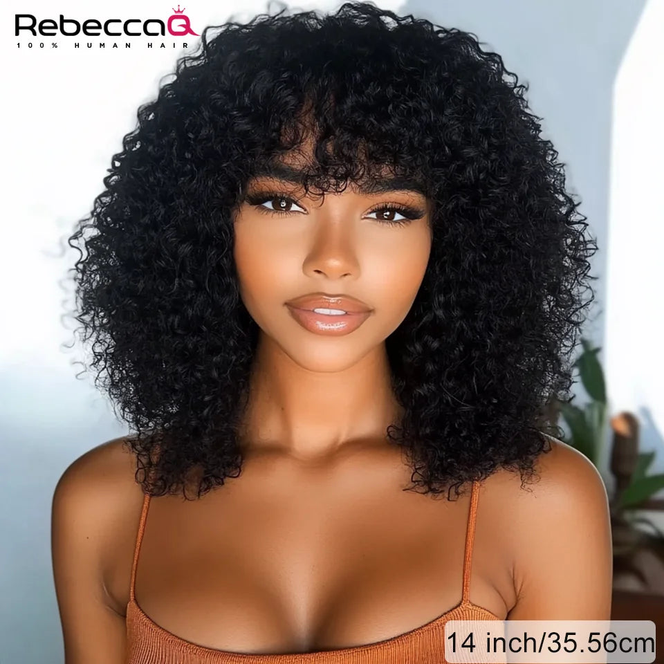 Short Curly Bob Human Hair Wigs with Bangs Afro Kinky Curly Easy Wig Glueless Wig Remy Peruvian Brown Color Curly Human Hair Wig