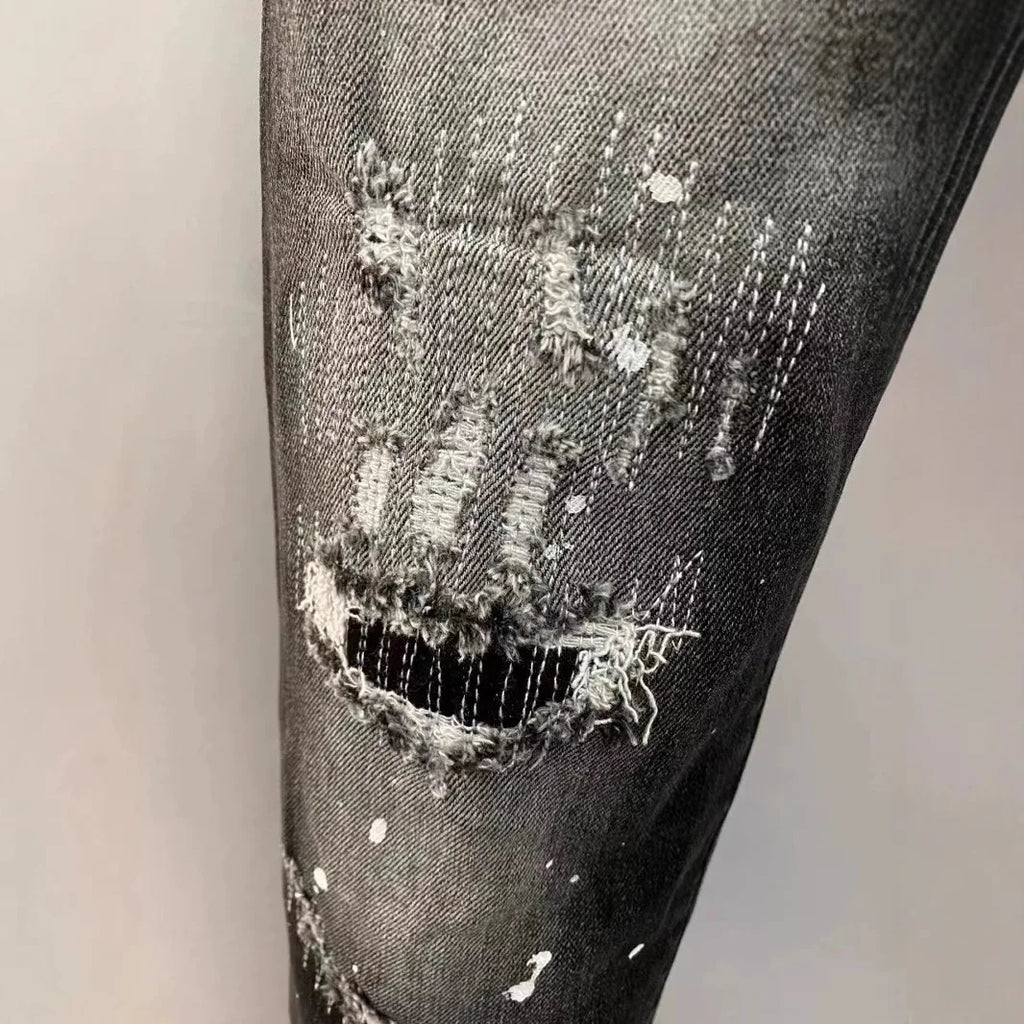 Light Luxury Washed Jeans Men's Trendy Brand Ruffian Handsome Black Ripped Patch Slim Fit Small Feet Casual Long Pants