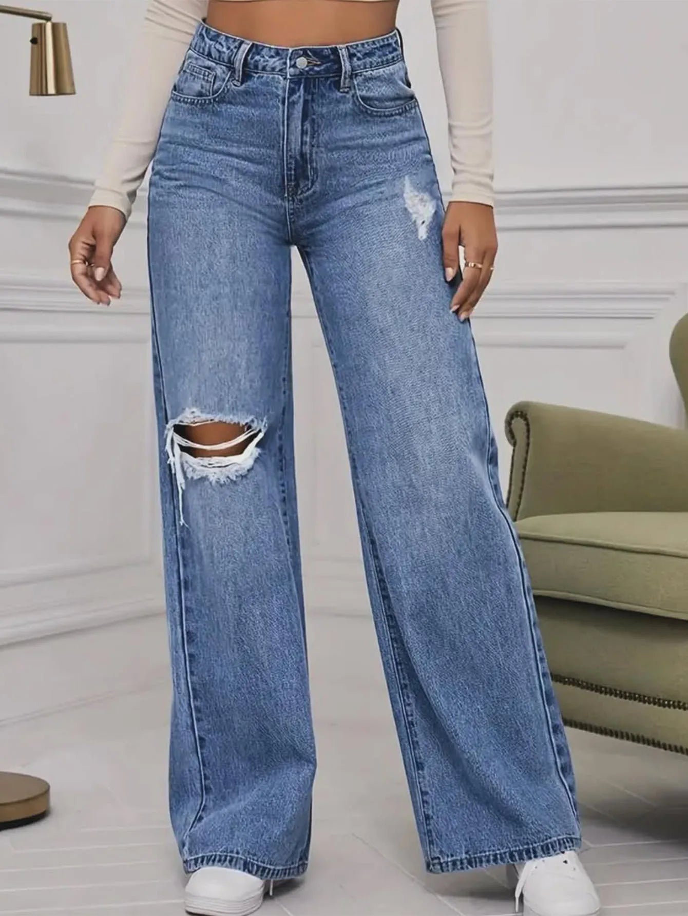 2025 New Washed Ripped Wide-leg Jeans, Fashionable and Casual High-waisted Floor-length Jeans for Women in Spring and Summer