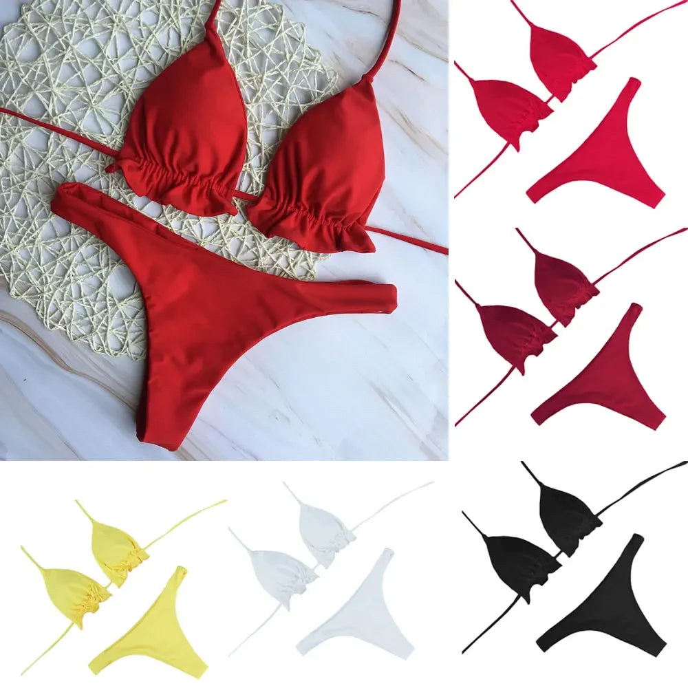 Summer Brazilian Bikini Set Women Sexy Bandage Top Thong Bottom 2 Pieces Set Push-up Swimwear Lace Up Swimsuit Beachwear