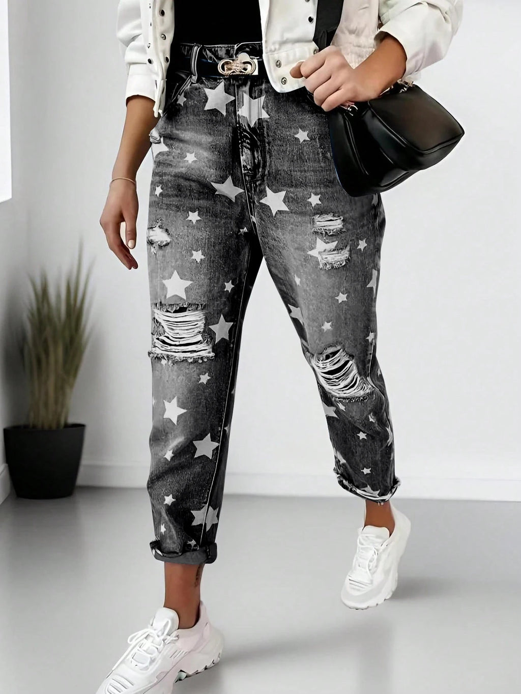 New Boyfriend Jeans Women's Slim Fit Ripped Jeans Fashion Women's Five-pointed Star Ripped Jeans Street Casual Blue Jeans 2025