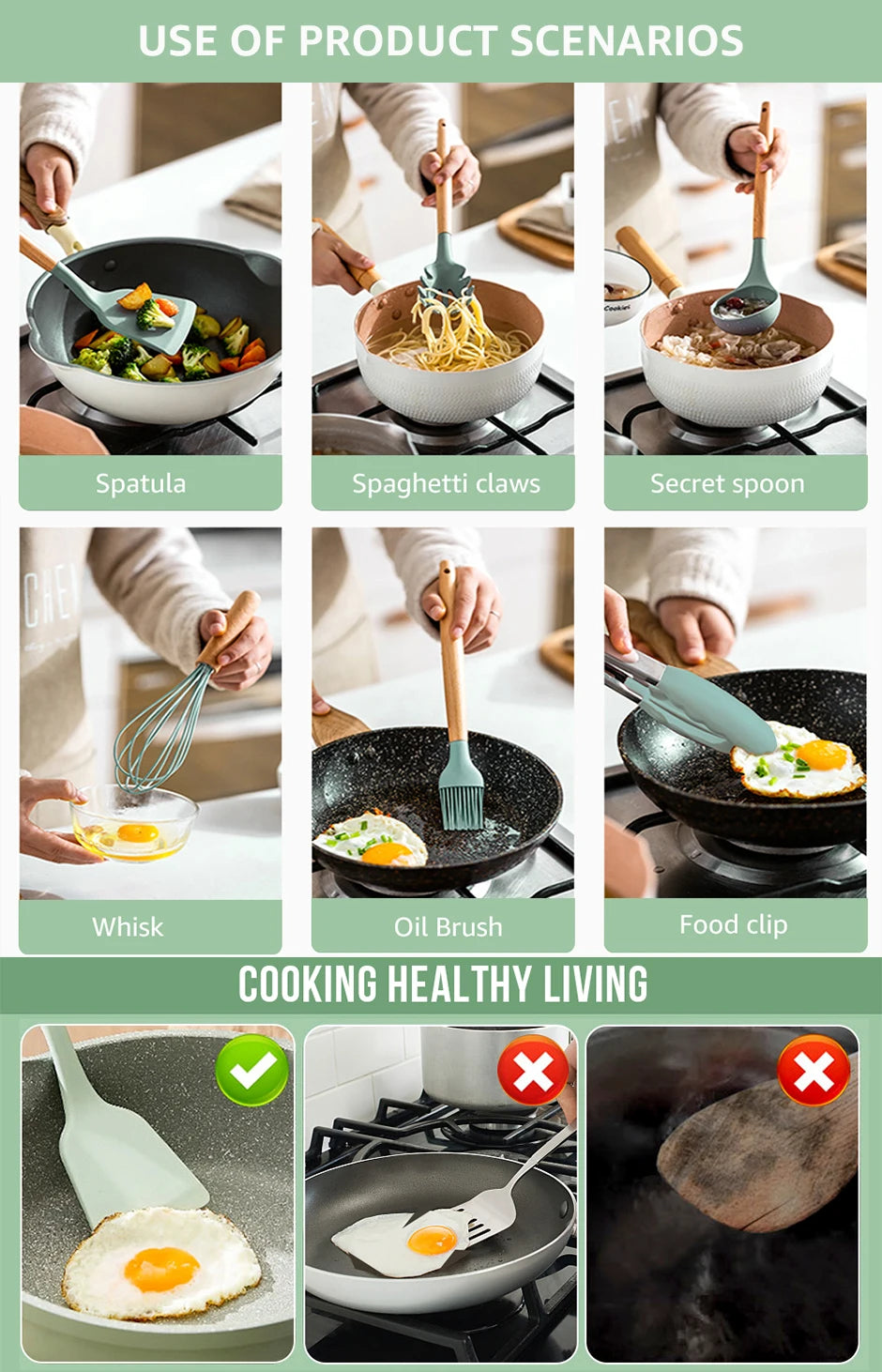 Cooking Tool Sets Non-toxic Cooking Baking Kitchen Tools Utensils Silicone Shovel Spoon Scraper Brush Spade Whisk Turner