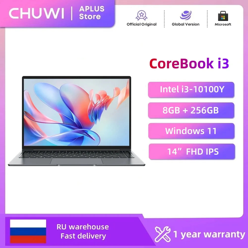 CHUWI CoreBook Intel i3 10100Y Laptop 8GB RAM 256GB SSD 14''FHD IPS Display 2.4GHz/5GHz Wi-Fi Windows 11 Ultra-thin Notebook ﻿