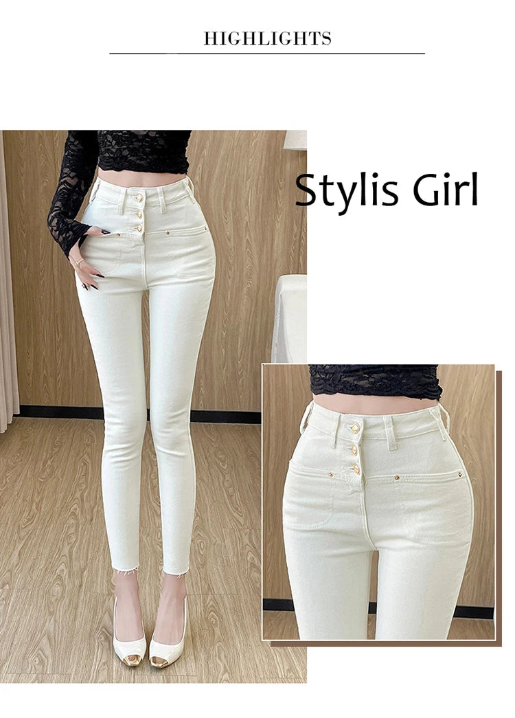 New White Skinny Jeans Woman High Waist Casual Stretch Jeans Vintage Sexy Femme Ankle Length Pencil Pants Denim Jeans