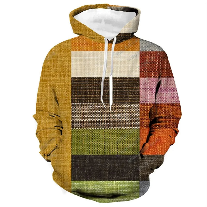 Vintage Hoodies For Men 3d Plaid Print Colorful Hoodie Sweatshirts Long Sleeve Pullovers Street Mens Clothes Casual Unisex Tops