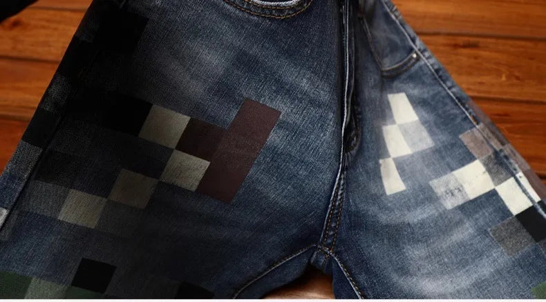 Trendy design mosaic printed jeans for men's fashionable summer thin casual and handsome elastic denim slim fit small leg pants