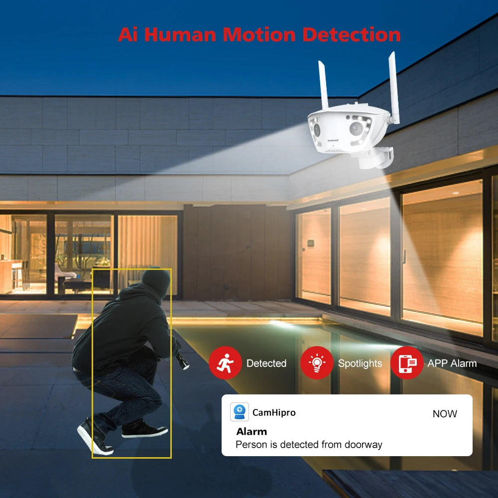 Wifi Surveillance Camera Outdoor 4MP POE Dual Lens 180° Ultra Wide Angle AI Human Detection Security Camera Camhipro APP