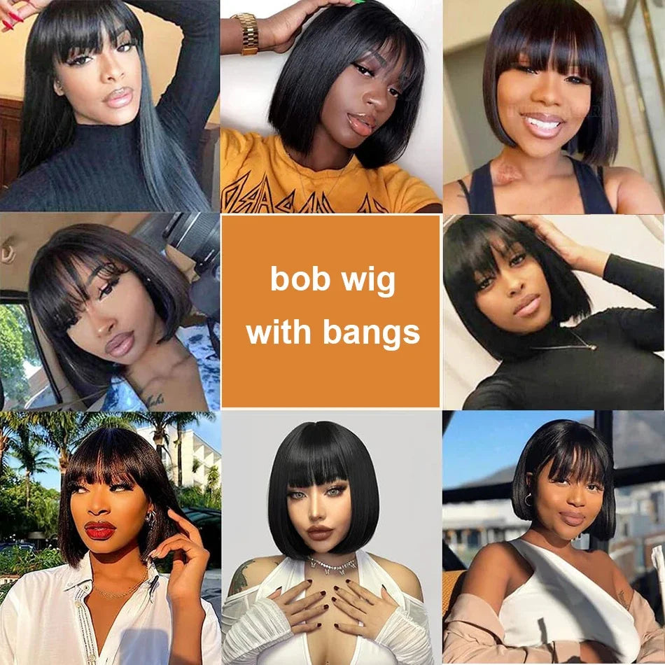 Peruvian Hair Straight Bob Non Lace Wigs 100% Human Hair Wig With Bang Natural Color Short Inch Bob Lace Wig For Black Women