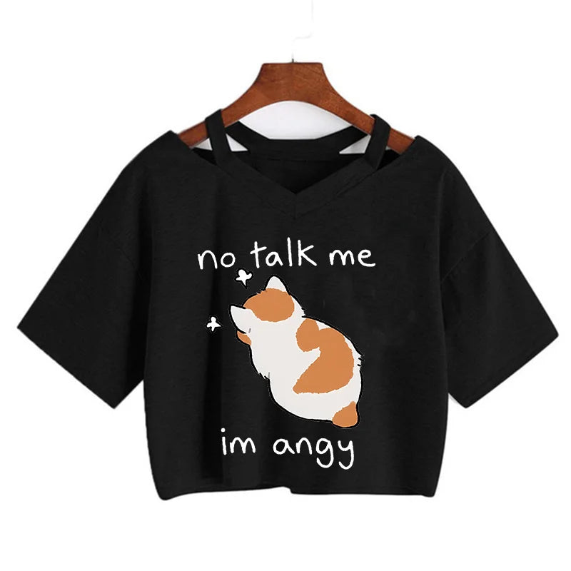 Y2k Crop Top Funny Cute Cat T Shirt Women Shirt Cropped Harajuku Graphic Ulzzang T-shirt 90s Tshirt Top Tee Female Gothic