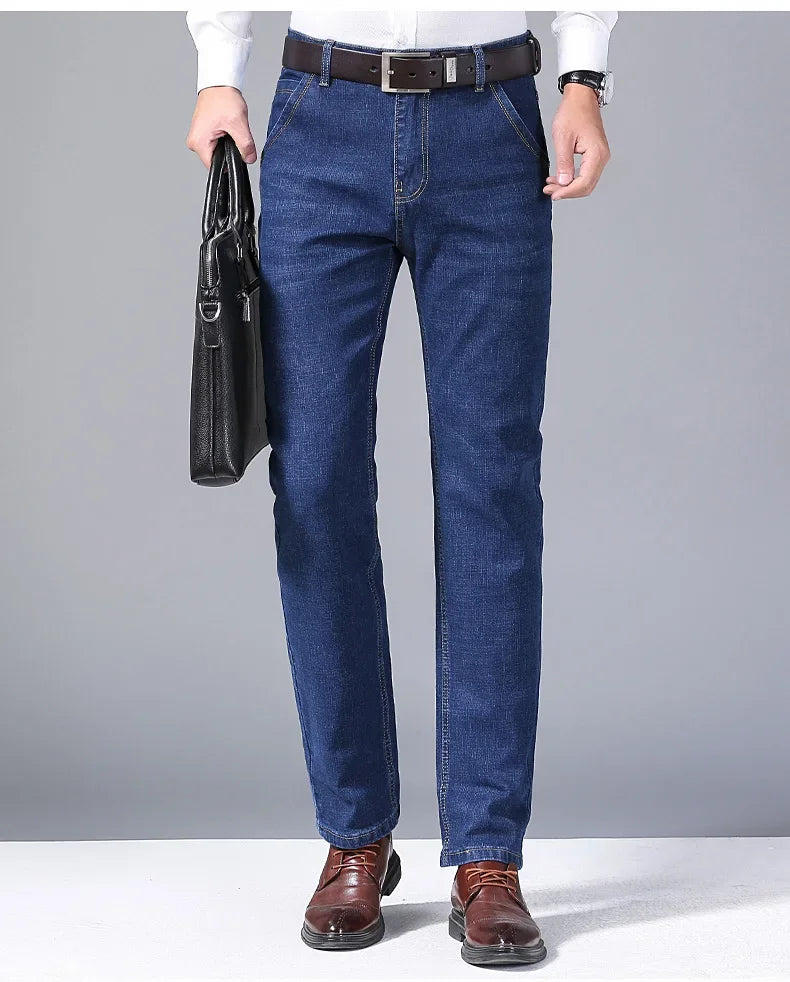 Men Fashion Straight Jeans Mens 2025 New Stretch Slim Fit Pants Comfortable Soft Business Denim Trousers Male Brand Clothing