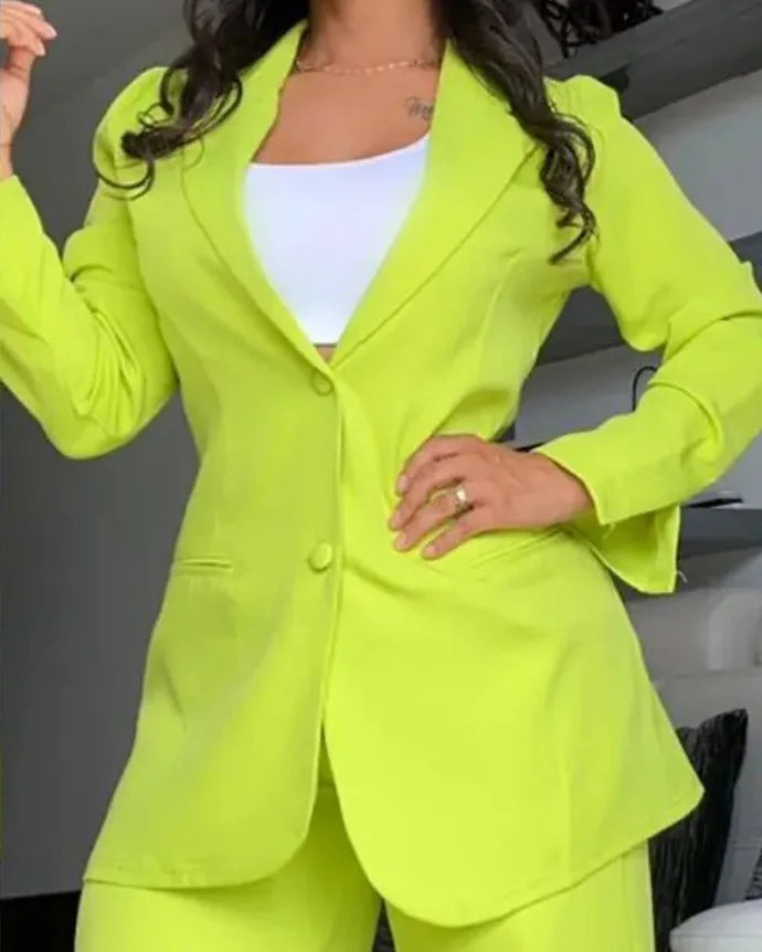 Two Piece Set Women Outfit Autumn Fashion  Collar Long Sleeve Blazer Coat & Elegant Pocket Design Work Pants Set