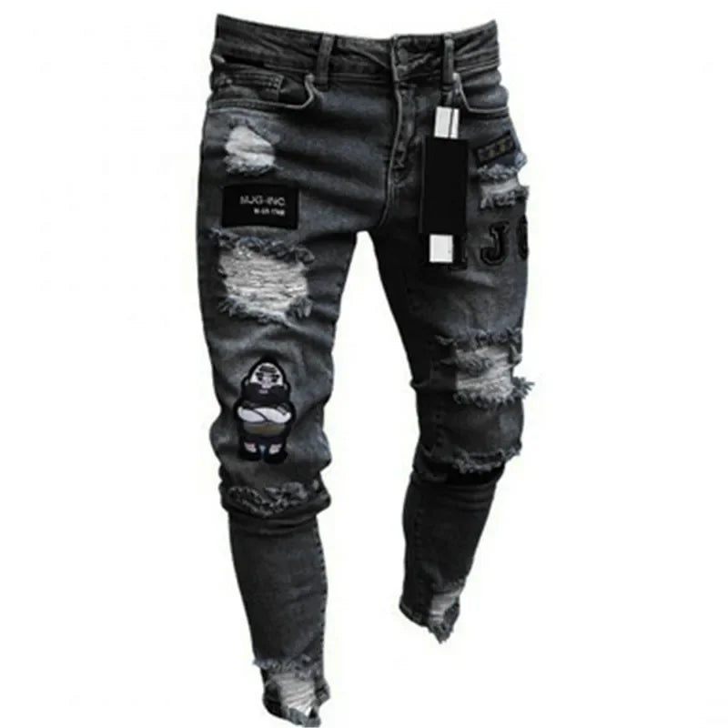 Mens Skinny Ripped jeans Slim scarification Blue Denim Pencil Pants Street hip-hop denim trousers fashion cowboy clothing men
