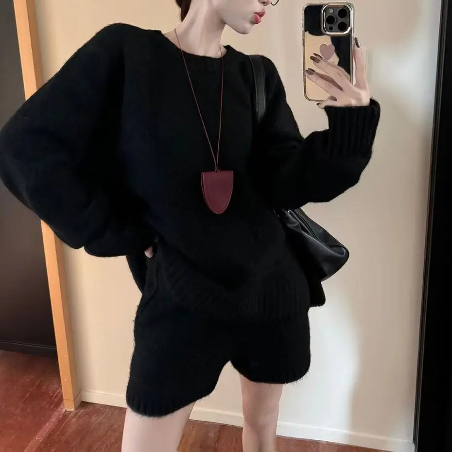 Women Oversized Grey Knit Co-ord Set Autumn Winter Soft Loungewear Minimalist Relaxed Fit Sweater & Shorts 2PCS Outfit Suit