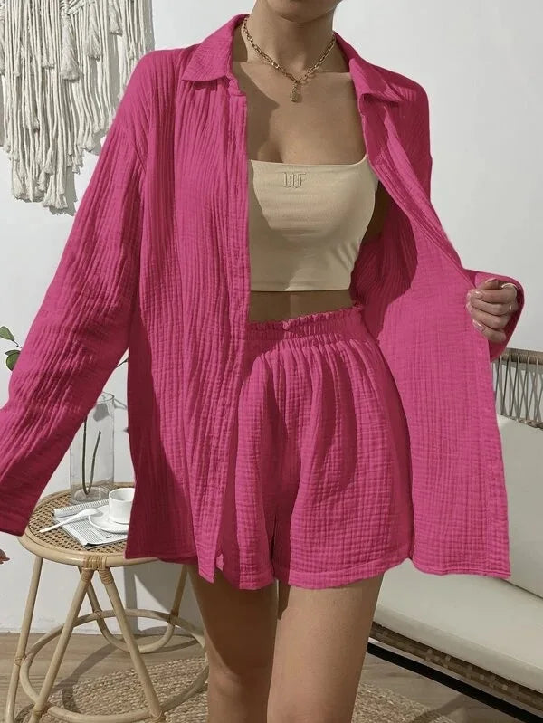 100% Cotton Gauze Muslin Sets For Women 2 Pieces Long Sleeve Shirts And Loose High Waist Mini Shorts Sets Ensemble Femme