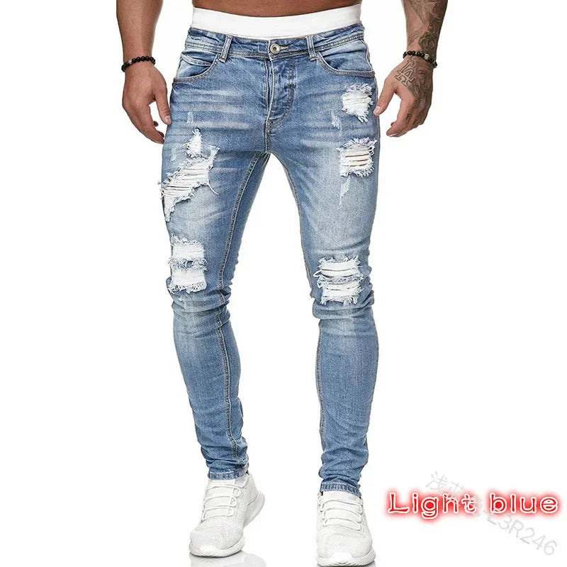 Mens Skinny Ripped jeans Slim scarification Blue Denim Pencil Pants Street hip-hop denim trousers fashion cowboy clothing men